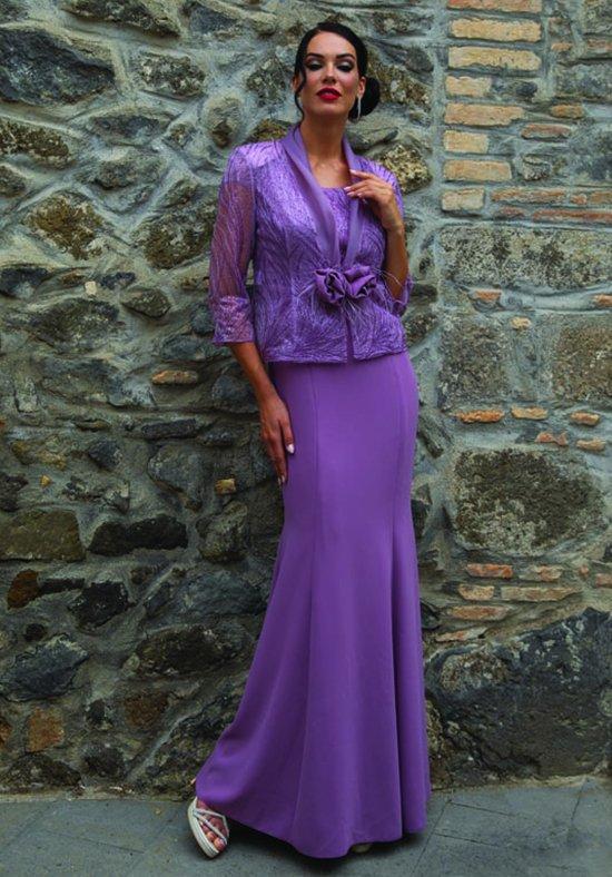 abito mamma sposa lungo viola con giacca in pizzo