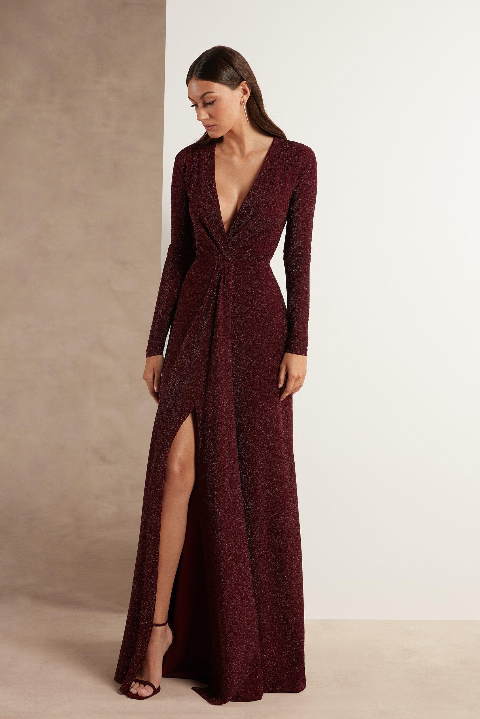 Abito Elegante Maniche Lunghe Bbonlinedress – Modello A-Line Con Scollo A V, Tasche E Volant, Perfetto Per Matrimoni, Cocktail E Feste Invernali, Taglie Elasticizzate