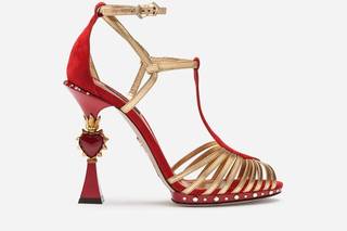 ankle strap rossa e oro con cuore su tacco