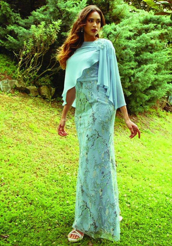 abito mamma sposa lungo verde acqua con mantellina