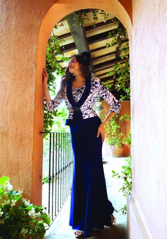 abito mamma sposa lungo blu con giacca a stampa