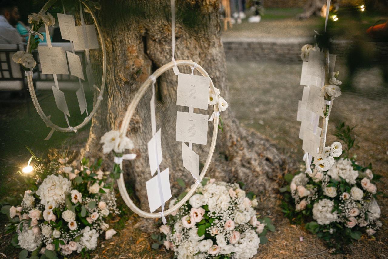 tableau mariage originali appesi all'albero con fiori e hula hoop