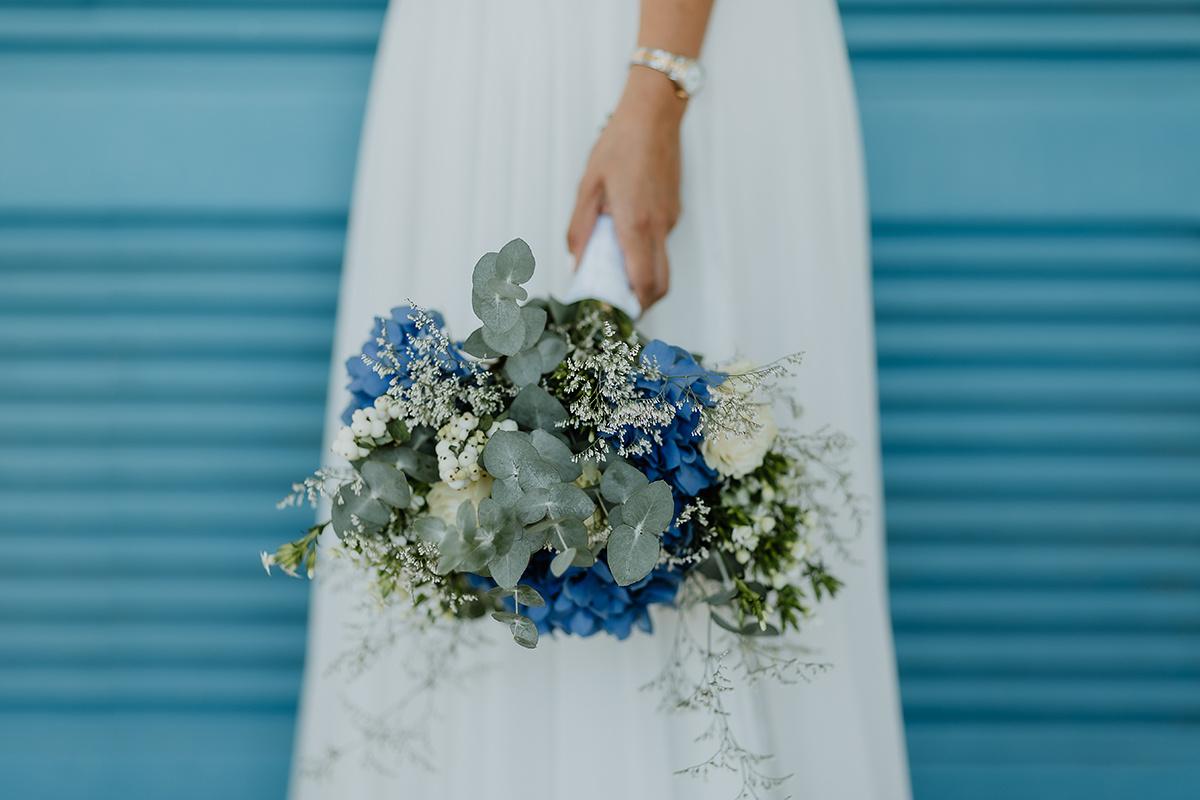 Bouquet Di Ortensie Artificiali Con Vaso In Ceramica Blu – Decorazione Floreale Per Matrimonio E Casa, 37 Cm