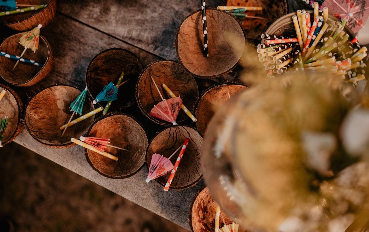 noci di cocco con cannucce e ombrellino per nozze stile jungle- stili di matrimonio