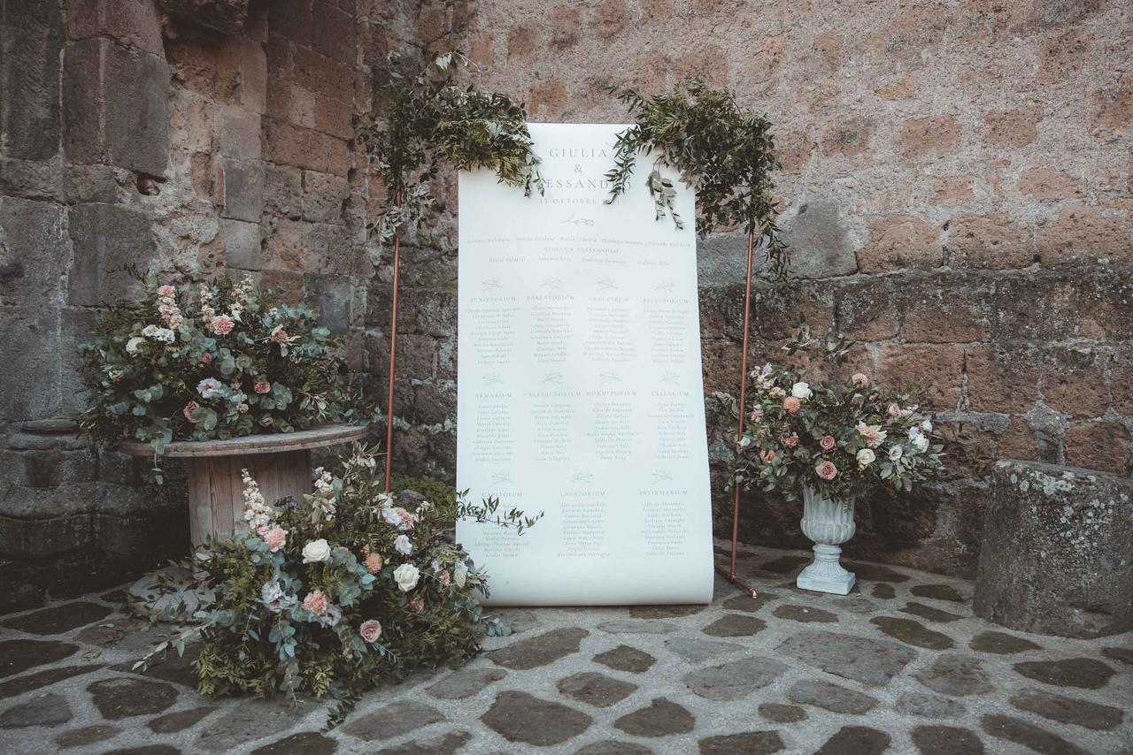 tableau mariage originali stile papiro con decorazioni floreali