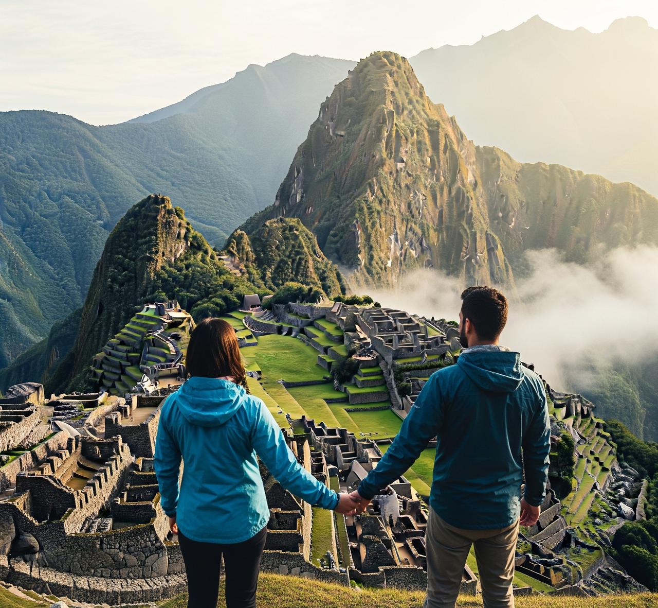 sposi mano nella mano che guardano dall'alto il Machu Picchu- dove andare in viaggio di nozze