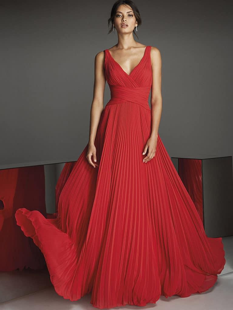 abito da cerimonia rosso gonna lunga plissé- atelier vestiti da cerimonia