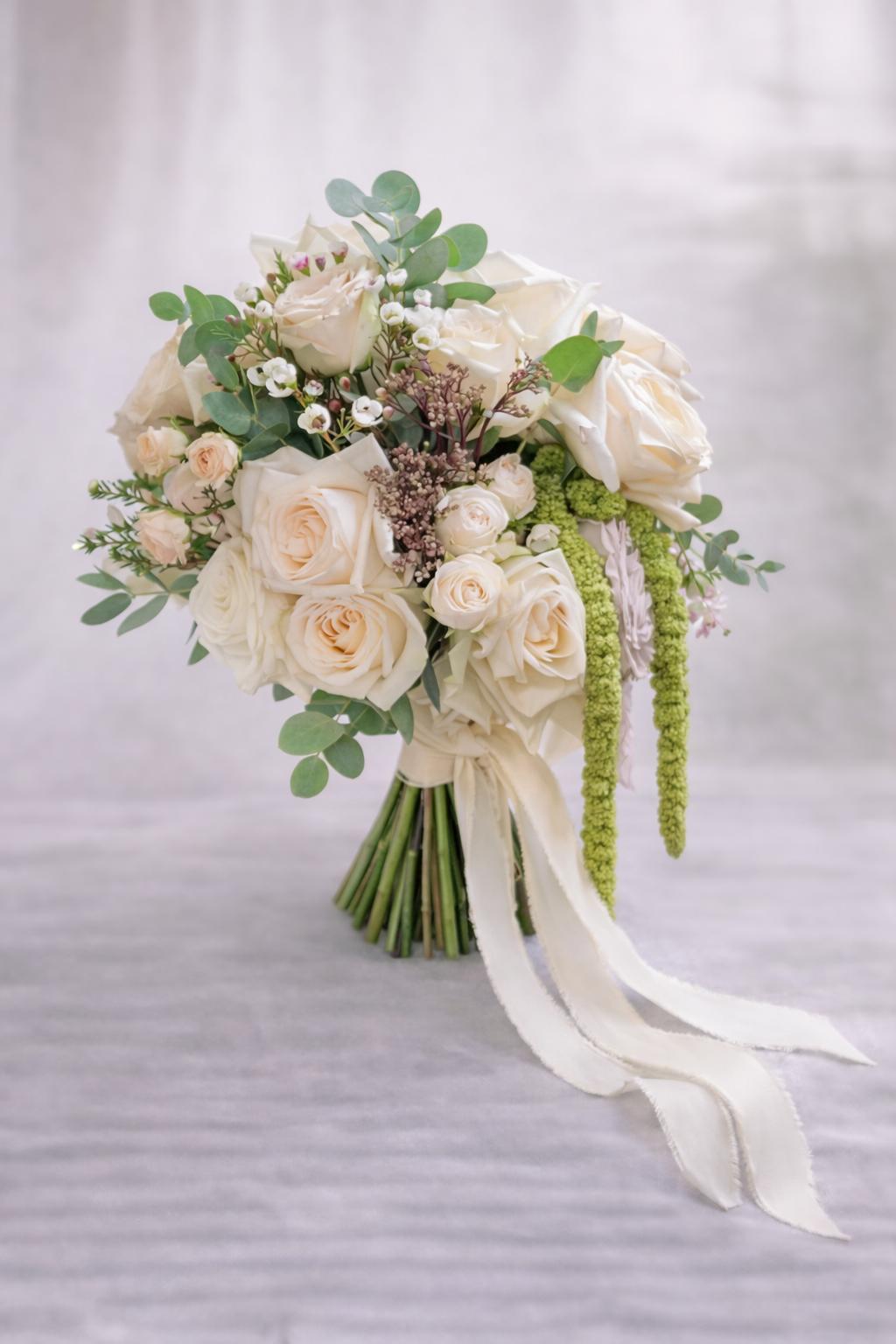  bouquet sposa con Amaranthus verde, rose bianche e eucalipto