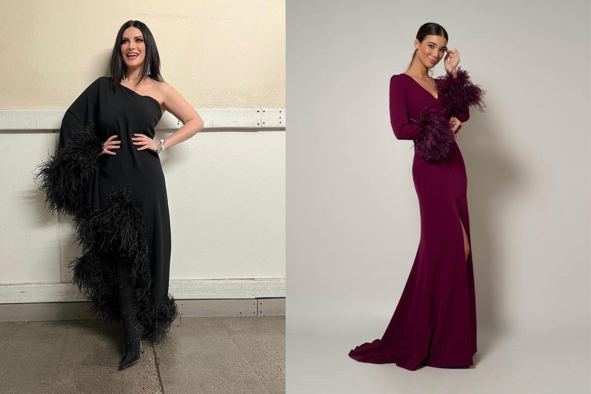 abito nero con piume Laura Pausini