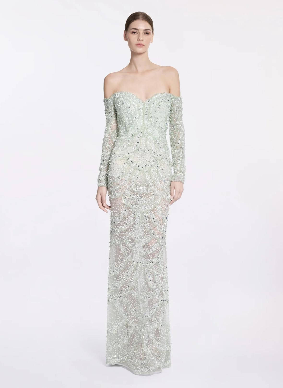 abito verde tiffany lungo con pietre e brillanti, senza spalline con maniche lunghe
