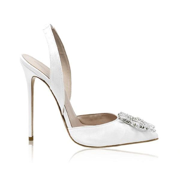 sandali gioiello matrimonio bianchi, modello slingback con applicazione gioiello sulla punta