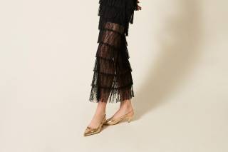 abito elegante da cerimonia da cocktail, nero con balze