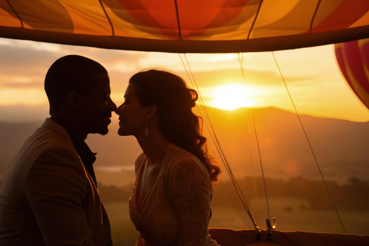 coppia che si bacia sulla mongolfiera al tramonto- serata romantica