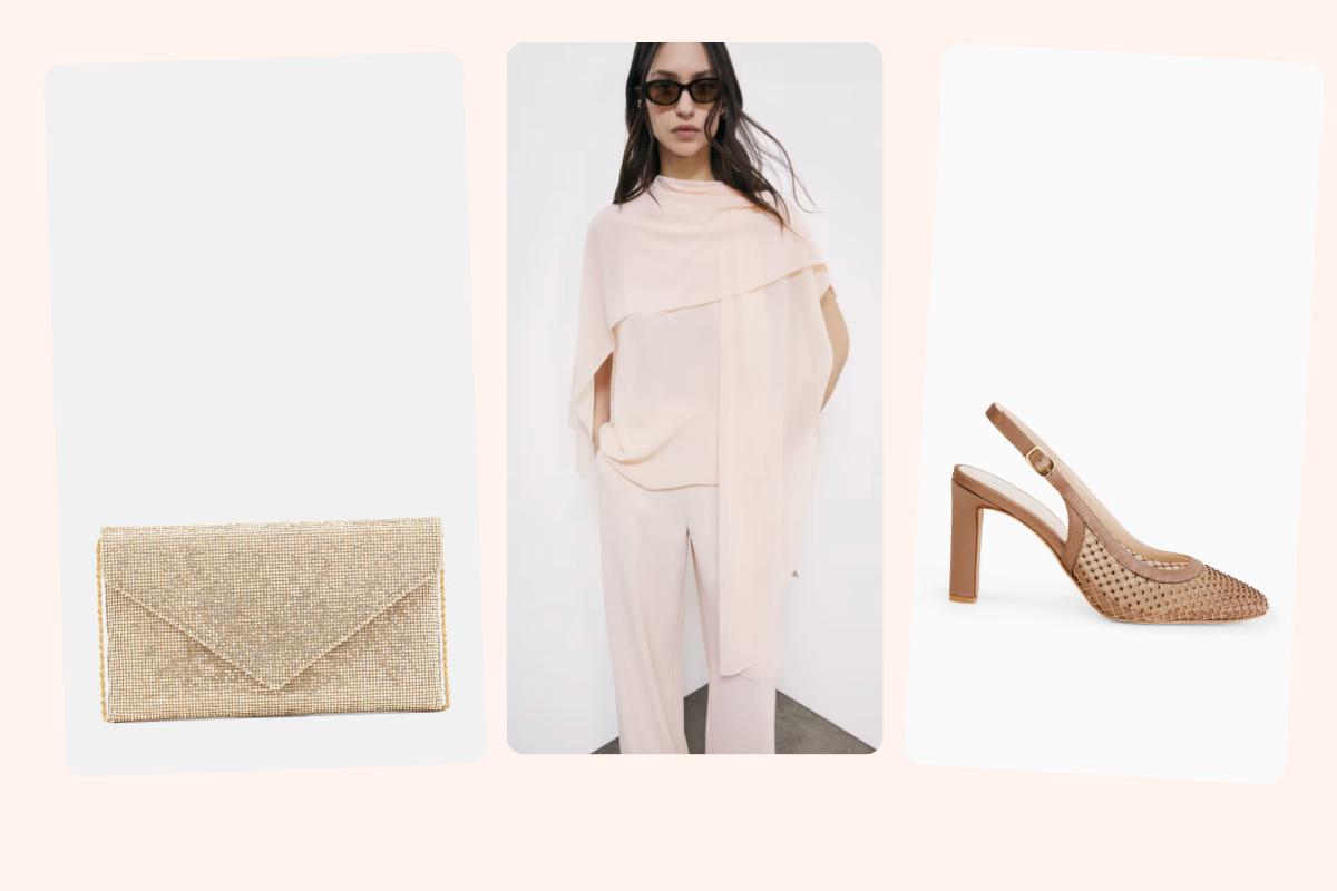 accessori abito sorella sposa, una borsetta doarata, una stola rosa e un paio di slingback rosa