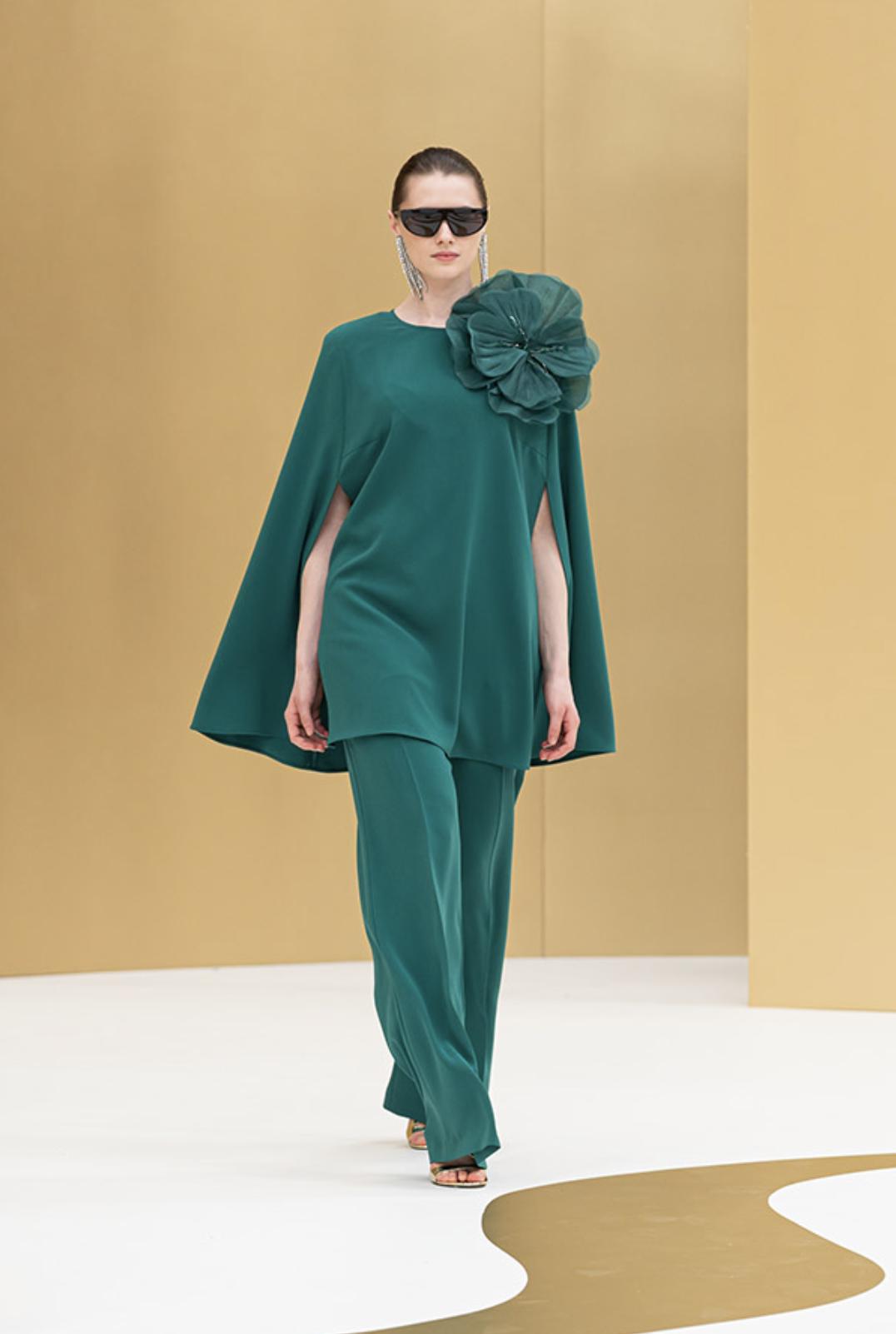 abito da cerimonia donna curvy pantalone e blusa con maxi fiocco,verde