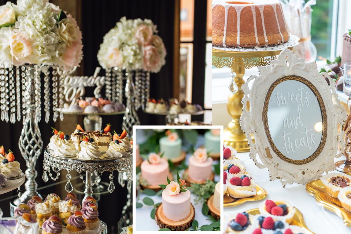 dettagli sweet table matrimonio una con alzate di cristallo, una con mini tortine con base in legno e una con cornice 