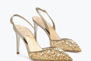 sandali gioiello per cerimonia modello slingback, color bronzo con punta con cristalli
