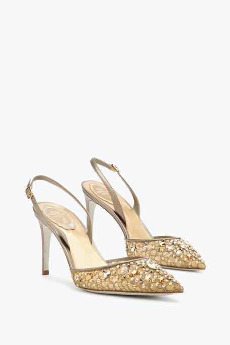 sandali gioiello per cerimonia modello slingback, color bronzo con punta con cristalli
