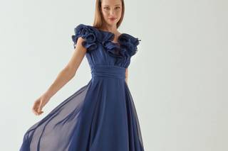 abito elegante da cerimonia lungo, blu con volant e applicazioni di fiori in 3D