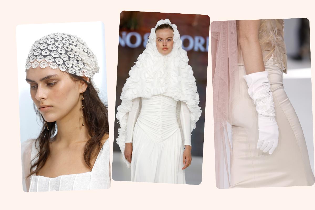 tre outfit sposa inverno con accessori, una bandana sposa, una mantella e dei guanti