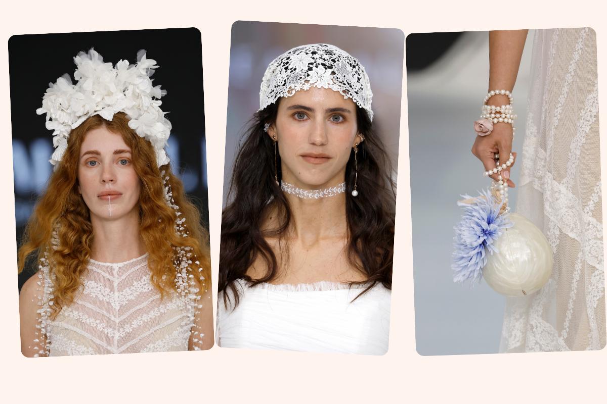 3 accessori sposa boho chic una corona maxi di fiori bianca, una bandana in pizzo e una borsetta con manico in perle