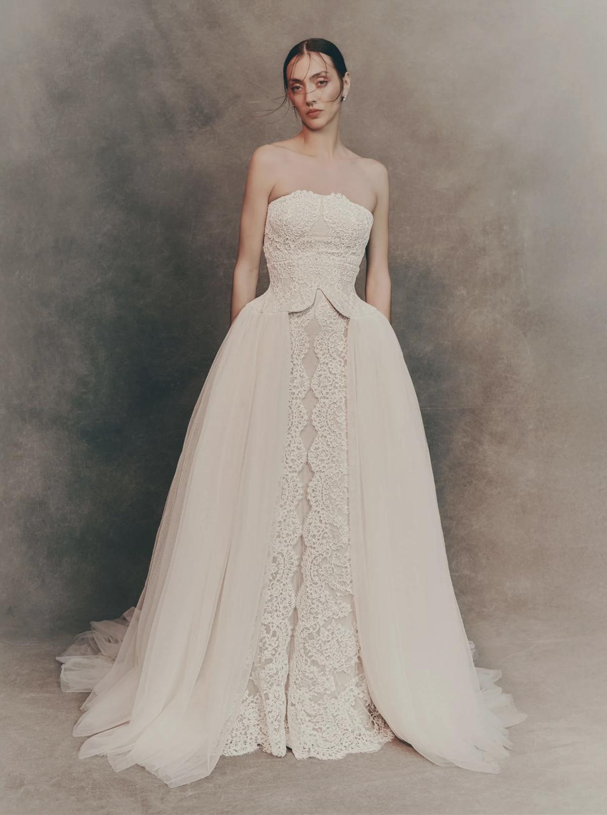 abito da sposa 2 in 1 in pizzo, color avorio, scollo dritto e sopragonna in tulle
