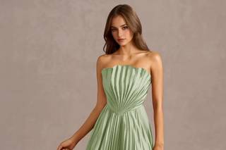 abito elegante da cerimonia lungo plissettato, con corpetto a pieghe a ventaglio, verde