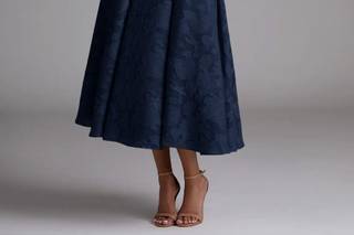 abito sorella sposa midi blu con tessuto con stampa floreale