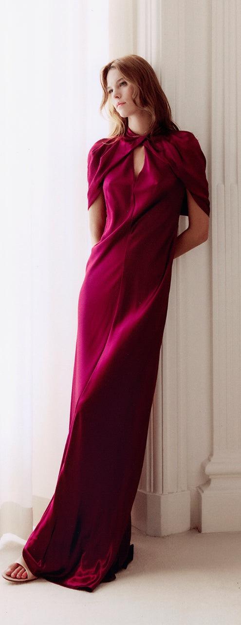 abito elegante da cerimonia lungo con maniche a mentellina, in raso fucsia