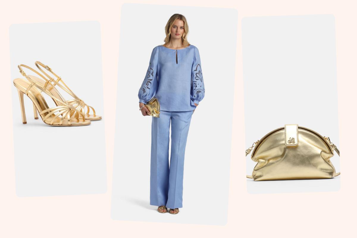 abito da cerimonia Luisa spagnoli con blusa ricamata nella maniche e pantalone, con sandali e pochette dorata