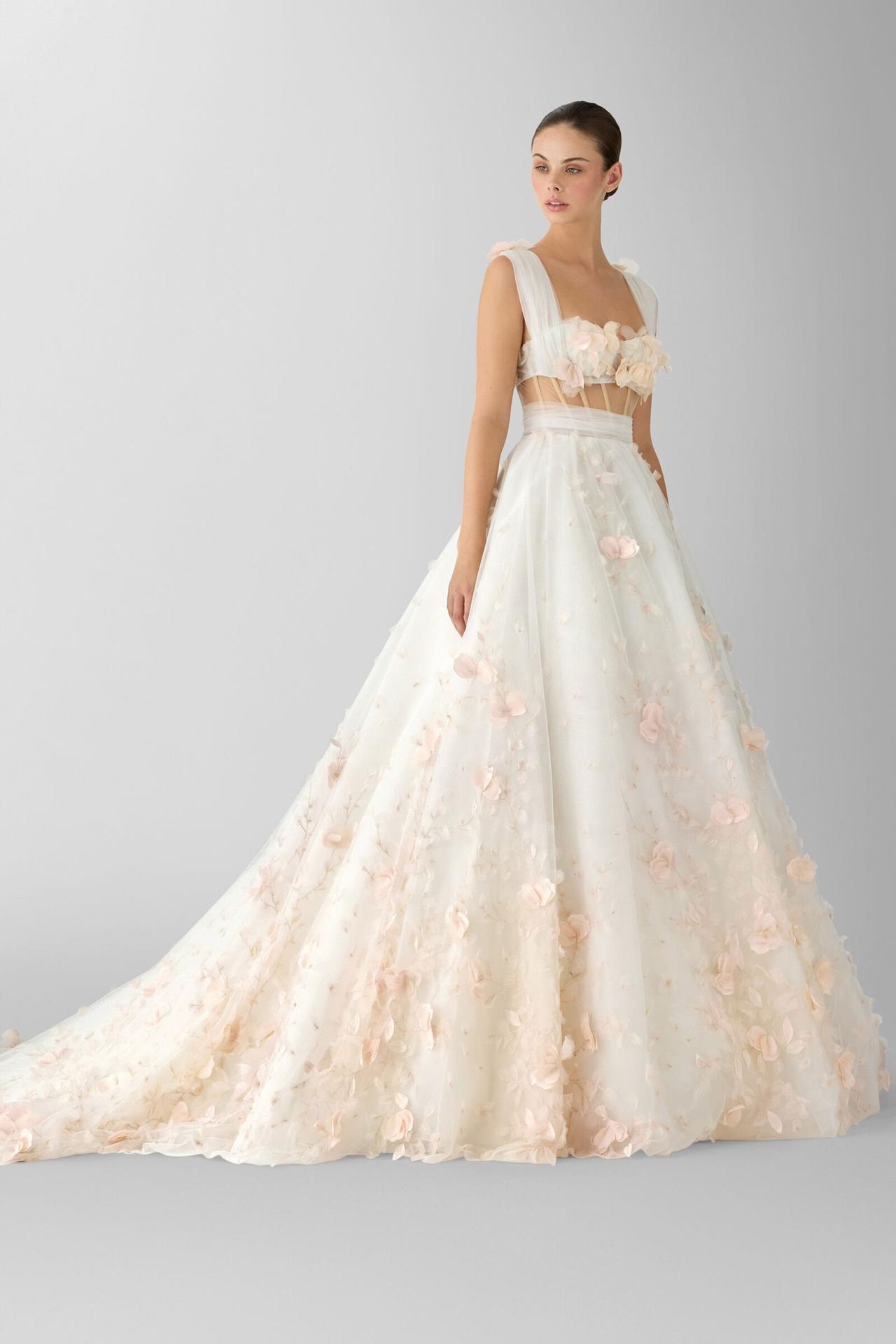 abito sposa matrimonio civile A-line, bianco e rosa con cut-out su addome