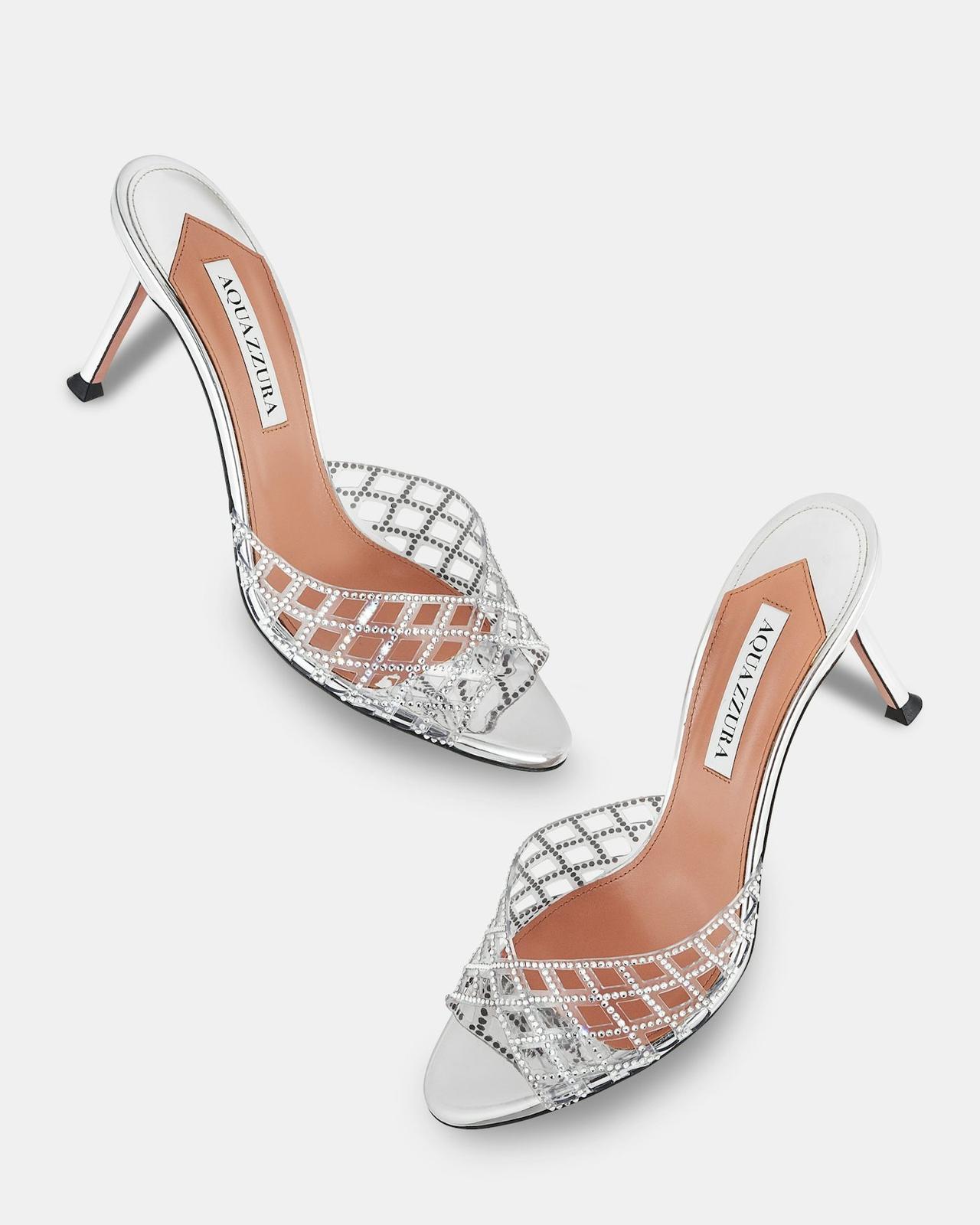 sandali gioiello per cerimonia modello sabot, color argento con cristalli