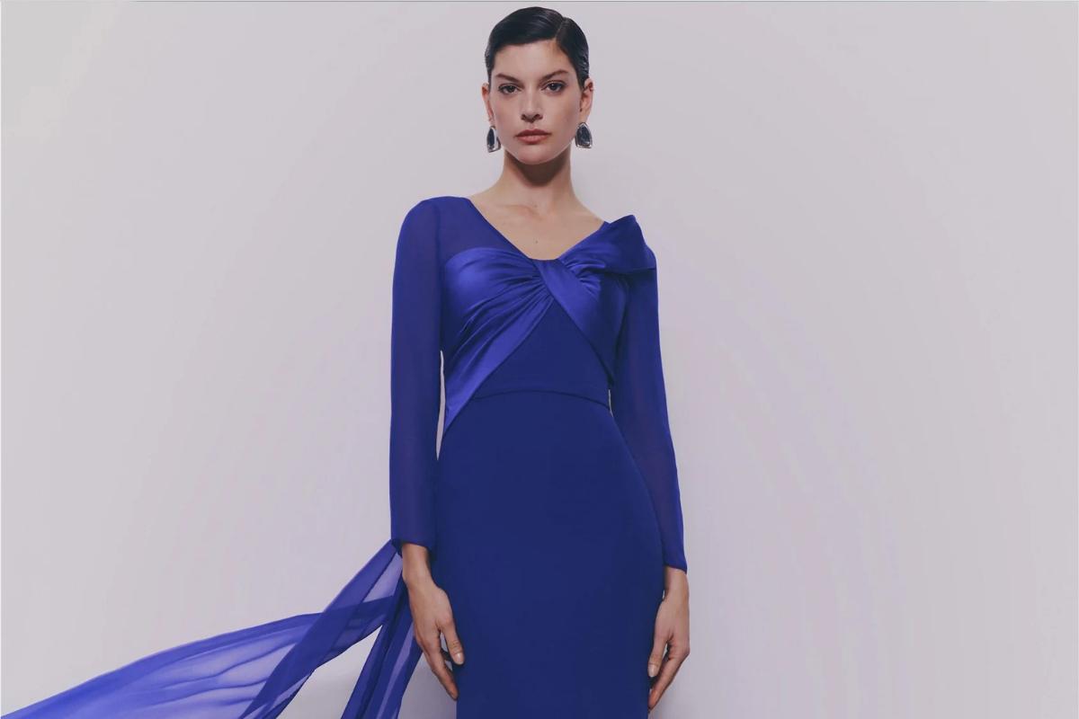 abito mamma della sposa lungo, viola, scollo a v e maniche lunghe