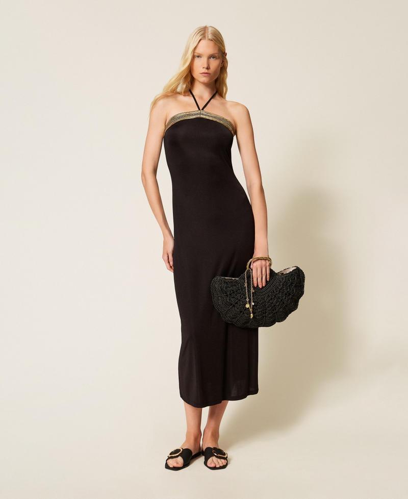 abito elegante da cerimonia midi nero, con scollo all'emericana