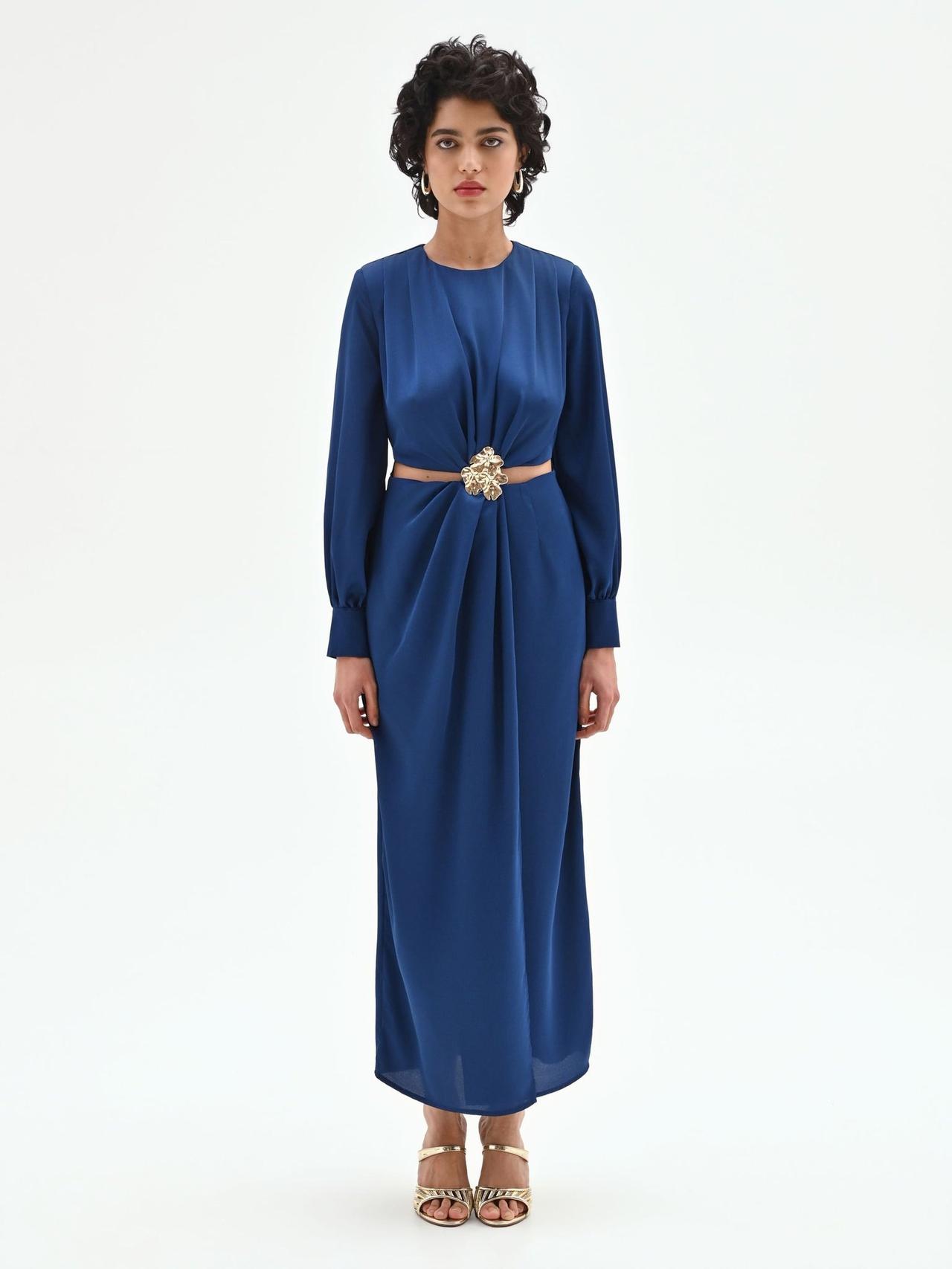 abito elegante da cerimonia lungo, blu brillante con cut out e applicazione gioiello