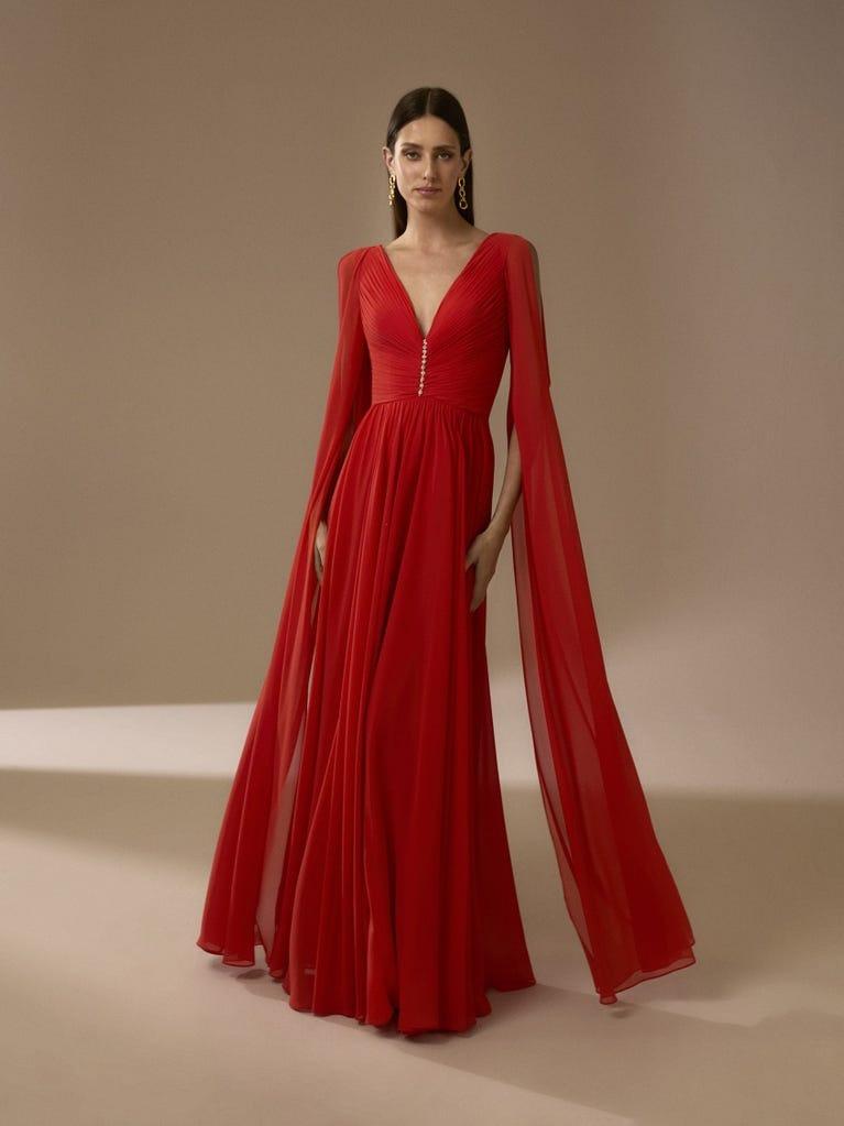 abito mamma sposa lungo rosso con maniche  con lungo strascico