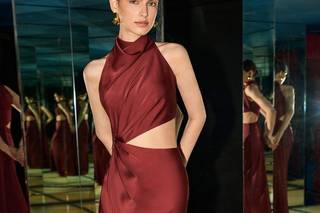 abito elegante da cerimonia lungo con scollo all'americana a e cut out sui fianchi