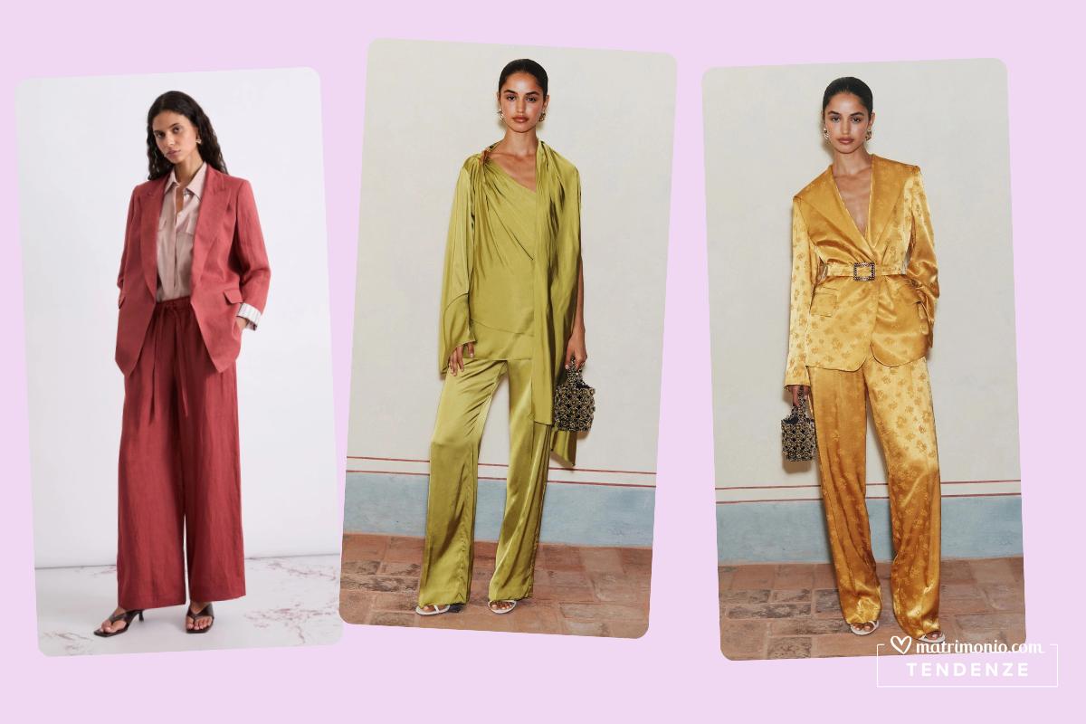 abiti mamam dello sposo con pantaloni, un tailleur color mattone, uno con blusa verde in raso e uno giallo con blazer con cintura