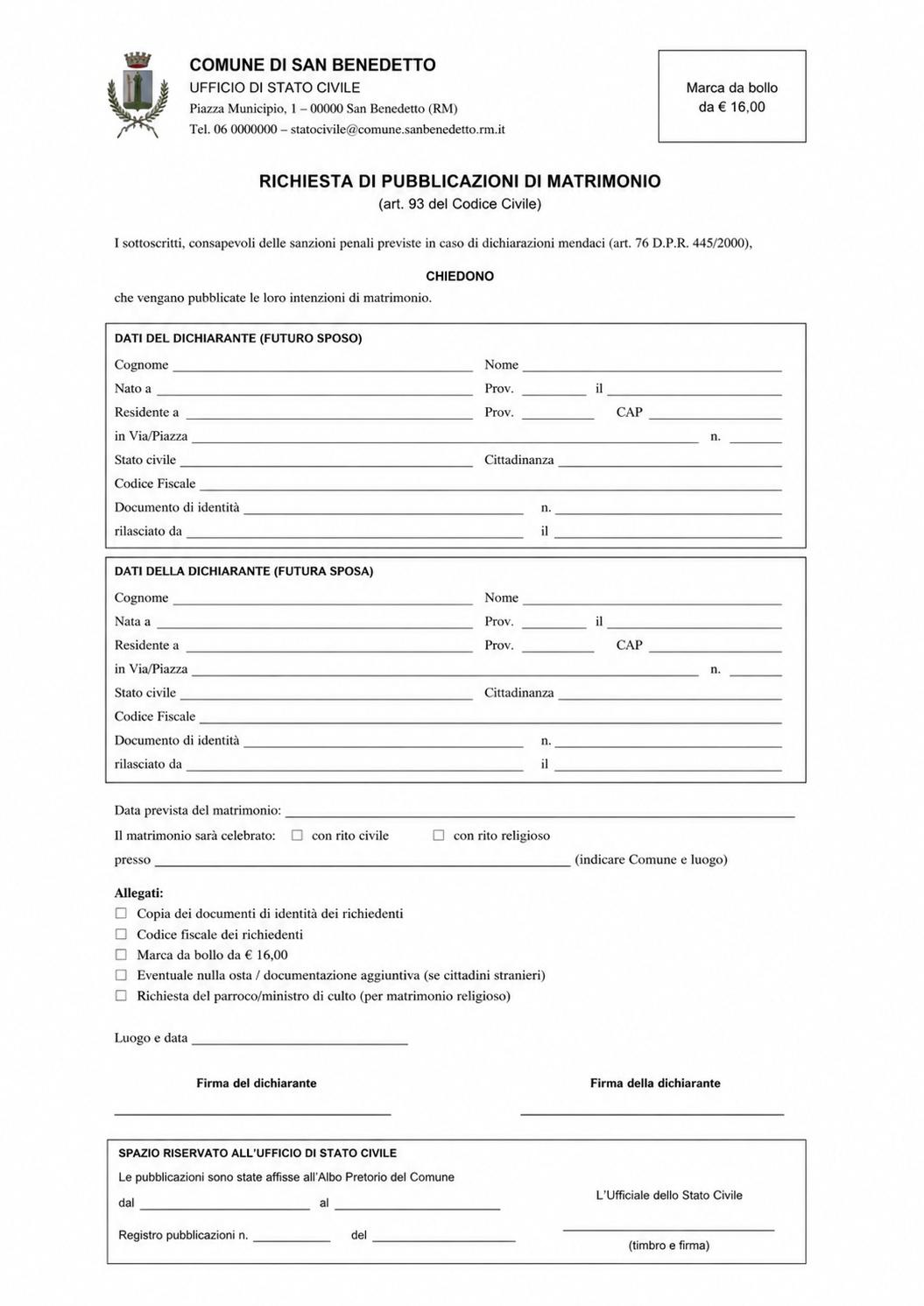 esempio modello Pubblicazioni matrimonio