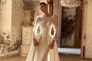 abito da sposa 2 in 1 ia sirena in pizzo e perline, scollo rotondo, maniche lunghe e sopragonna rimovibile liscia