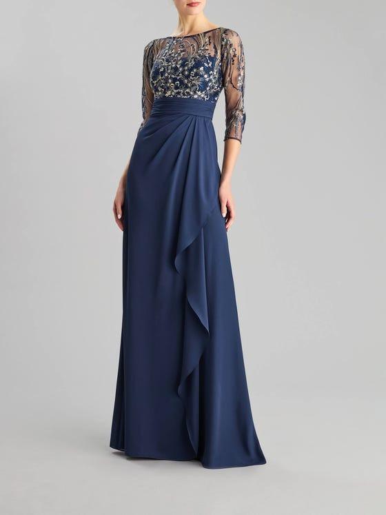 abito da cerimonia blu lungo con top a mnaiche lunghe tempestato di brillanti