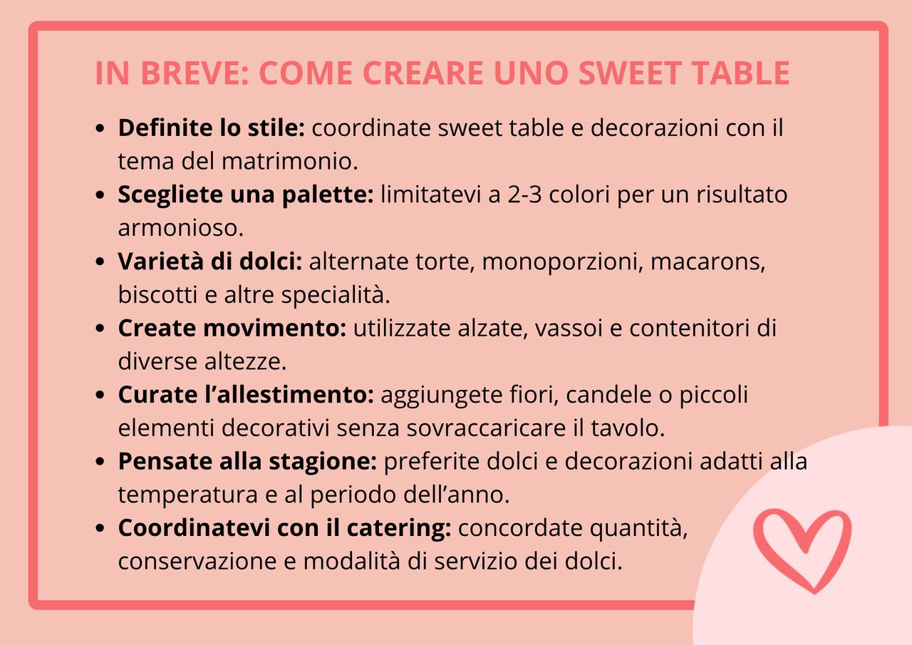 grafica con tips per creare uno sweet table matrimonio