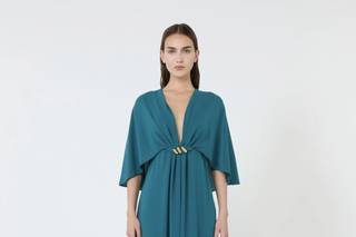 abito verde petrolio lungo con scollo a V maniche a pipistrello stile impero