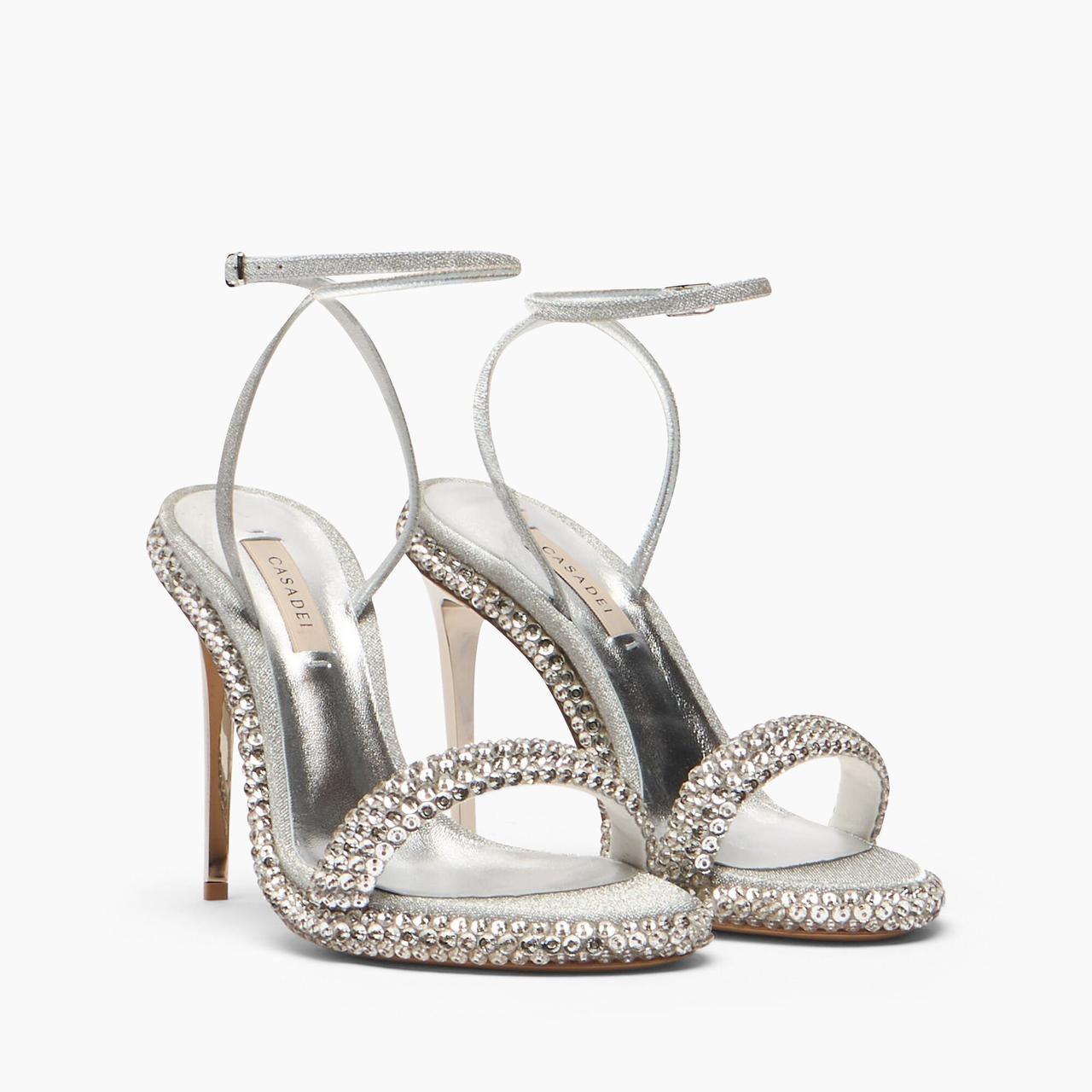sandali gioiello ankle strap con cristalli sulla stringa anteriore e su tutta la suola, con tacco a splillo