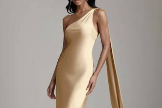 abito sorella sposa lungo giallo pallido, con scollo monospalla