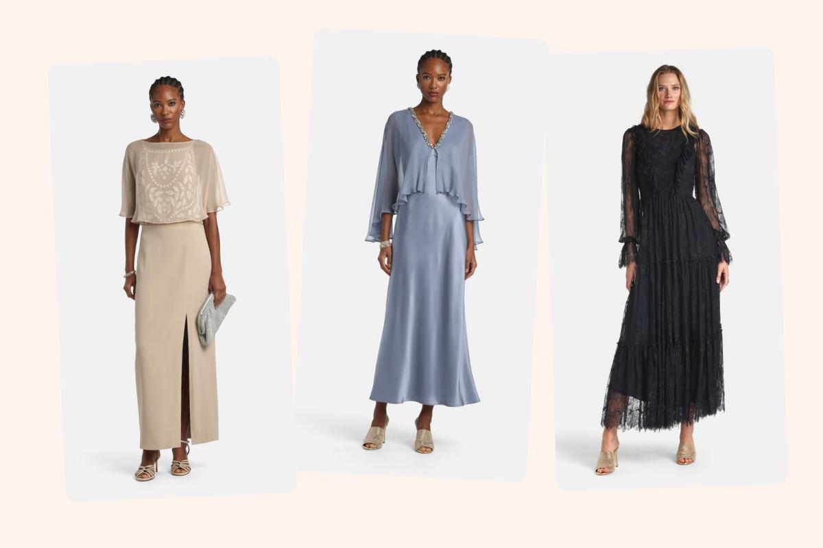 tre abiti da cerimonia Luisa Spagnoli, uno lungo beige con spacco laterale e mantellina, uno grigio in raso con applicazione preziose sullo scollo e uno nero lungo in pizzo e maniche lunghe