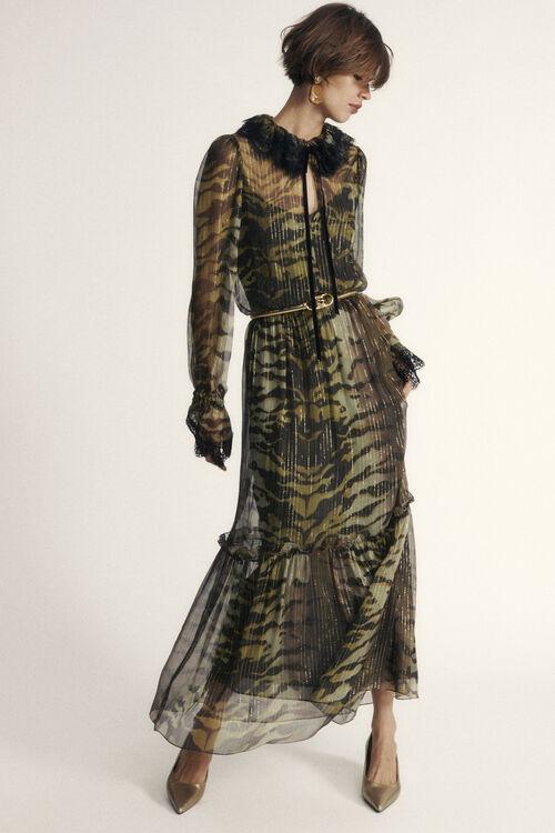 abito cerimonia donna autunno  verde militare semitrasparente stampa animalier 