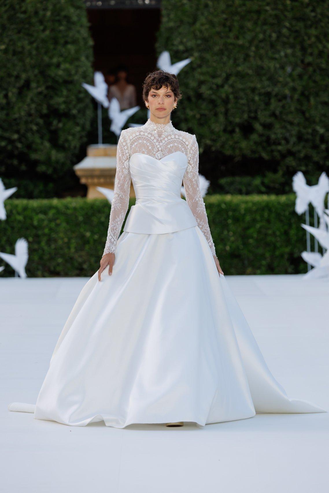 abito da sposa 2 in 1 con bustier e gonna rimovibile, top in pizzo a collo alto e maniche lunghe 