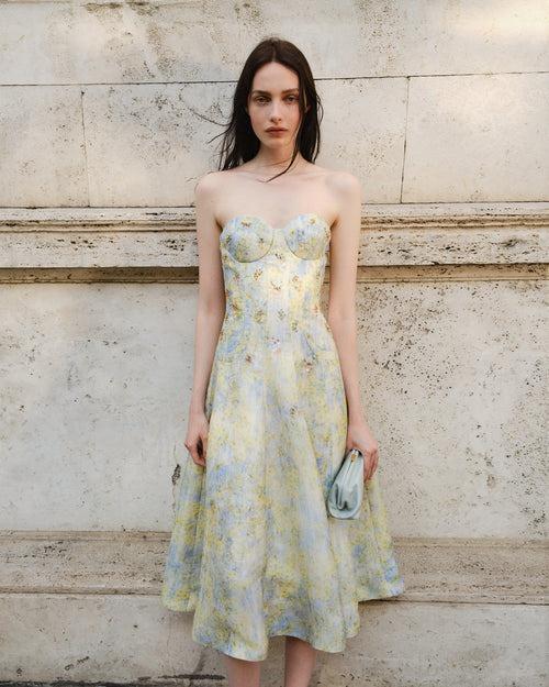 abito elegante da cerimonia midi, con stampa floreale e bustier