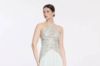 abito verde tiffany da cerimonia lungo con scollo all'americana